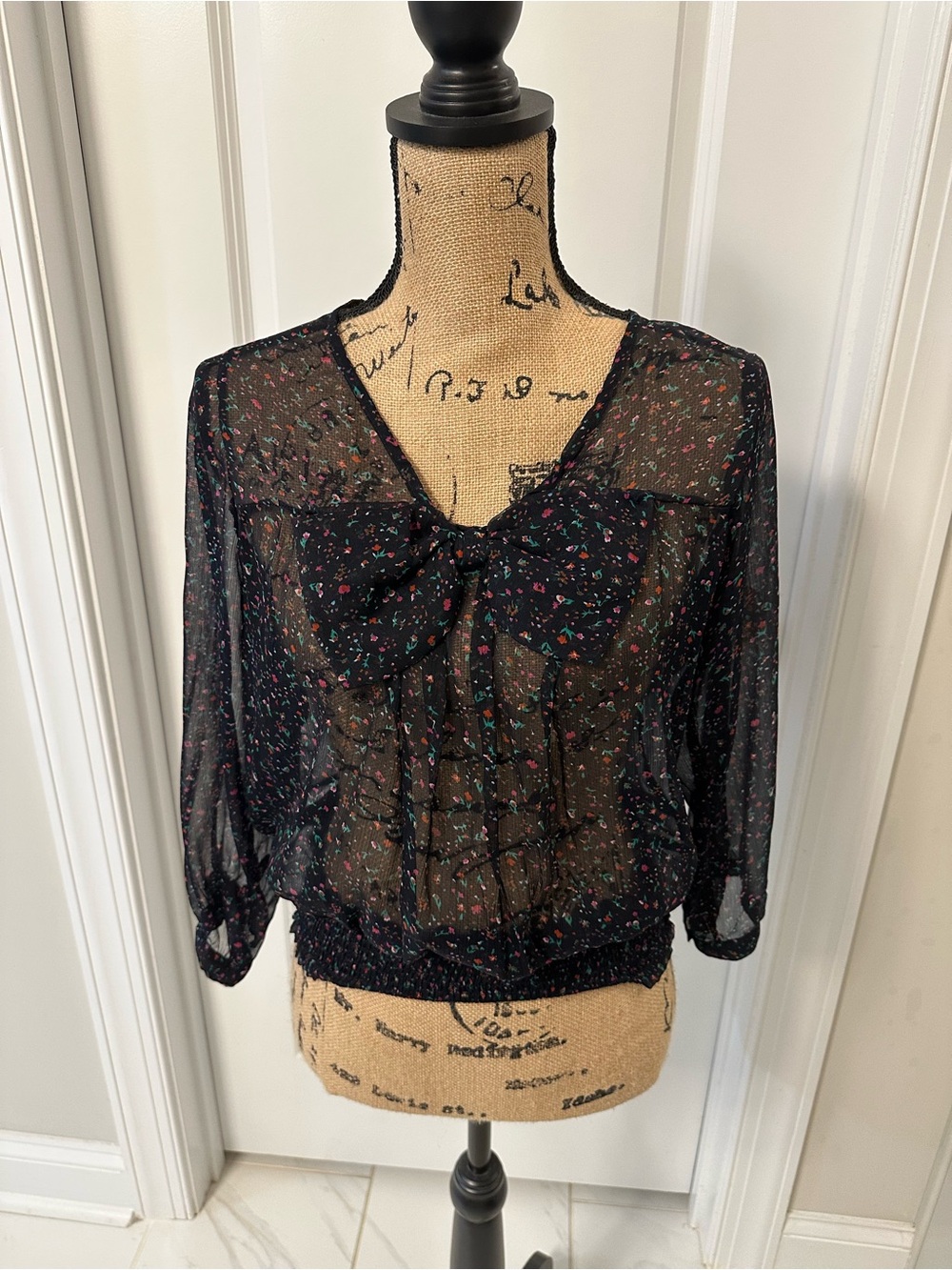 Forever 21 Black Sheer Floral Bow-Neck Blouse